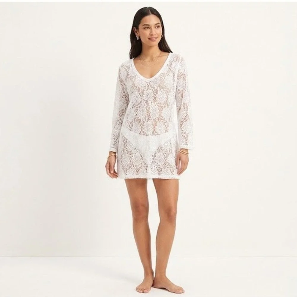 Sonoma Crochet Lace Swim Cover Up Women Large White Excellent Floral V-Neck Long